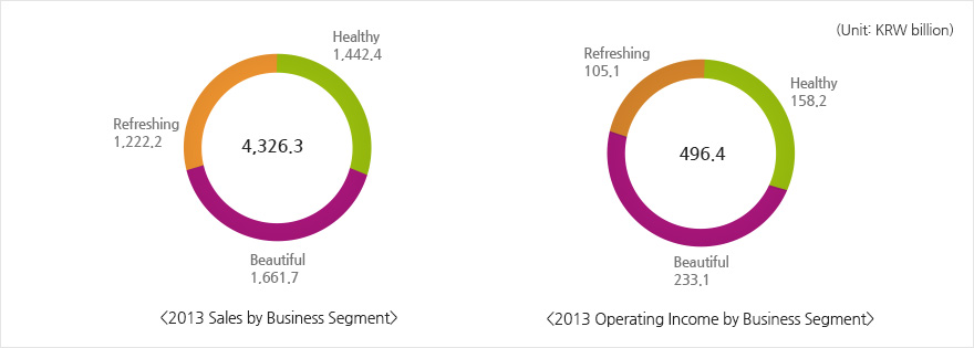 2013 Sales by Business Segment: 4326.3KRW billion(Healthy 1442.4KRW billion, Refreshing 1222.2KRW billion, Beautiful 1661.7KRW billion), 2013 Operating Income by Business Segment: 496.4KRW billion(Healthy 158.2KRW billion, Refreshing 105.1KRW billion, Beautiful 233.1KRW billion)