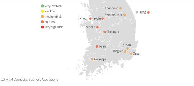 LG H&H Domestic Business Sites. high Risk: Incheon, Cheonan, Yeoju, Cheongju, Iksan, Ulleung. medium Risk: Cheorwon, Pyeongchang, Gwangju, Yangsan, Ulsan, Onsan.